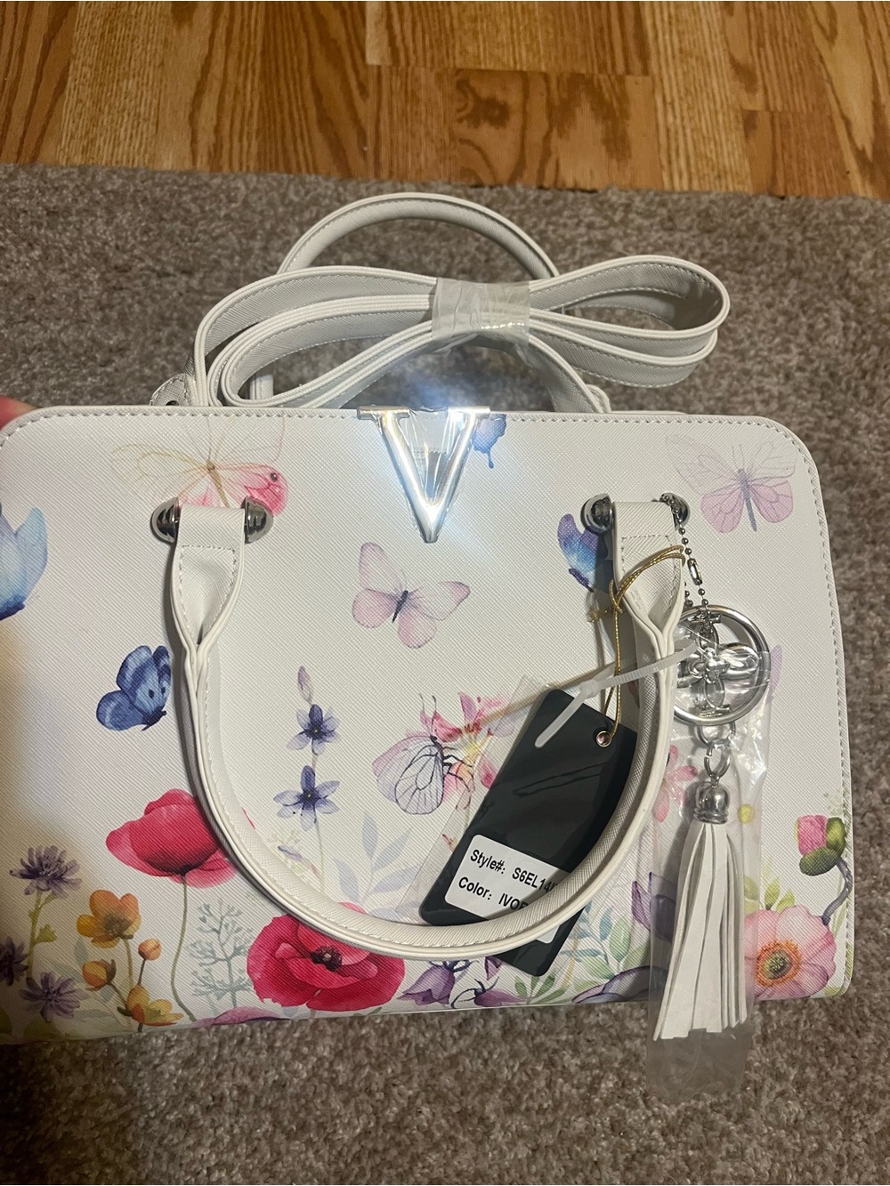 White Floral Butterfly Handbag Purse
